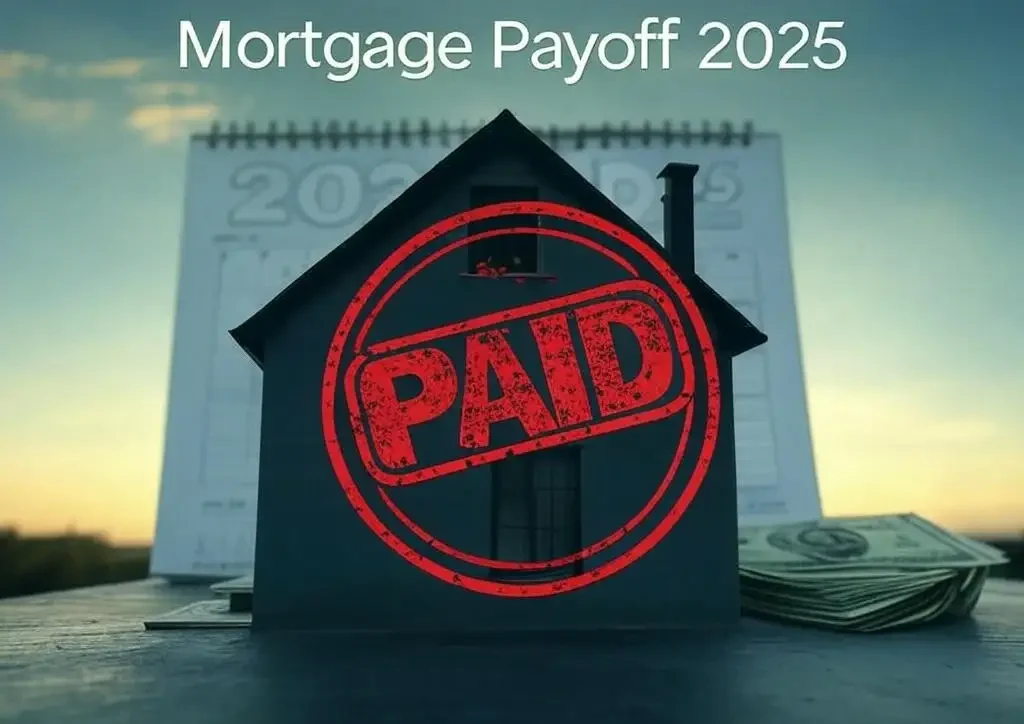 House silhouette with "PAID" stamp and 2025 calendar background, titled "Mortgage Payoff 2025" in blue-green tones.