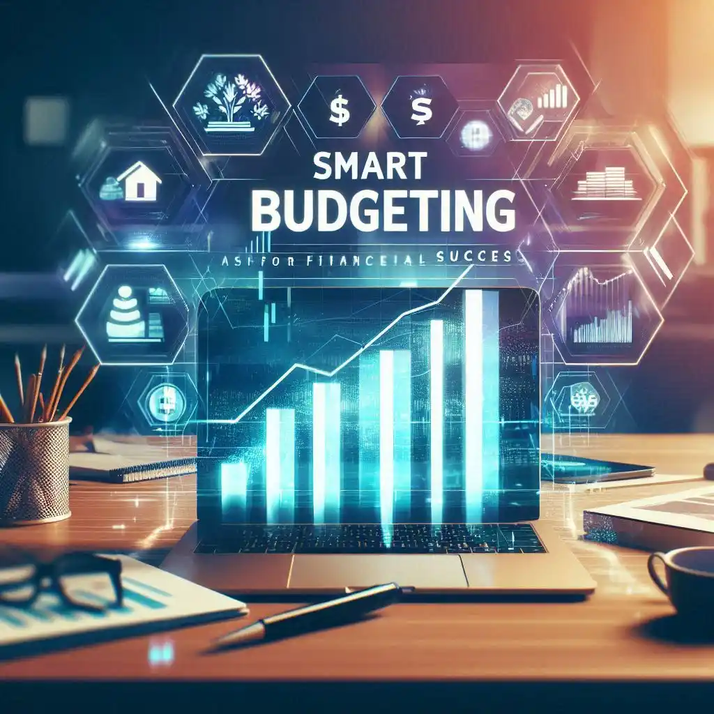 Feature image of a modern office desk with a laptop showing upward-trending financial graphs, text overlay reads 'Smart Budgeting Strategies for Financial Success'