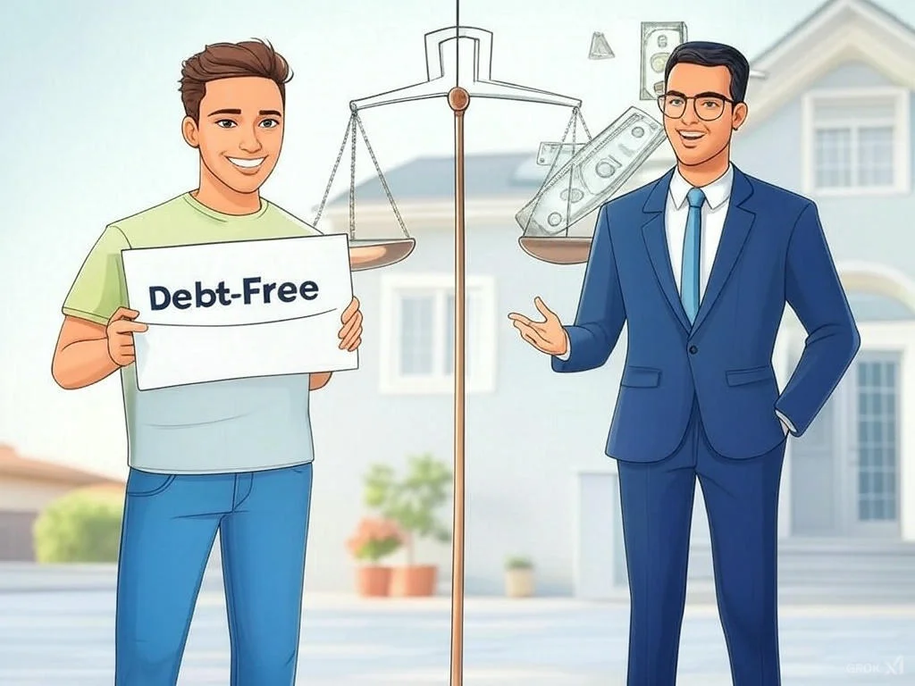 Modern illustration comparing debt-free living and strategic debt management. Left: a joyful person with a ‘Debt-Free’ sign. Right: a confident person investing in stocks, real estate, and bonds. Center: a balanced scale symbolizing the decision process. Background features financial charts, a house, and money symbols in calming blue and green tones.