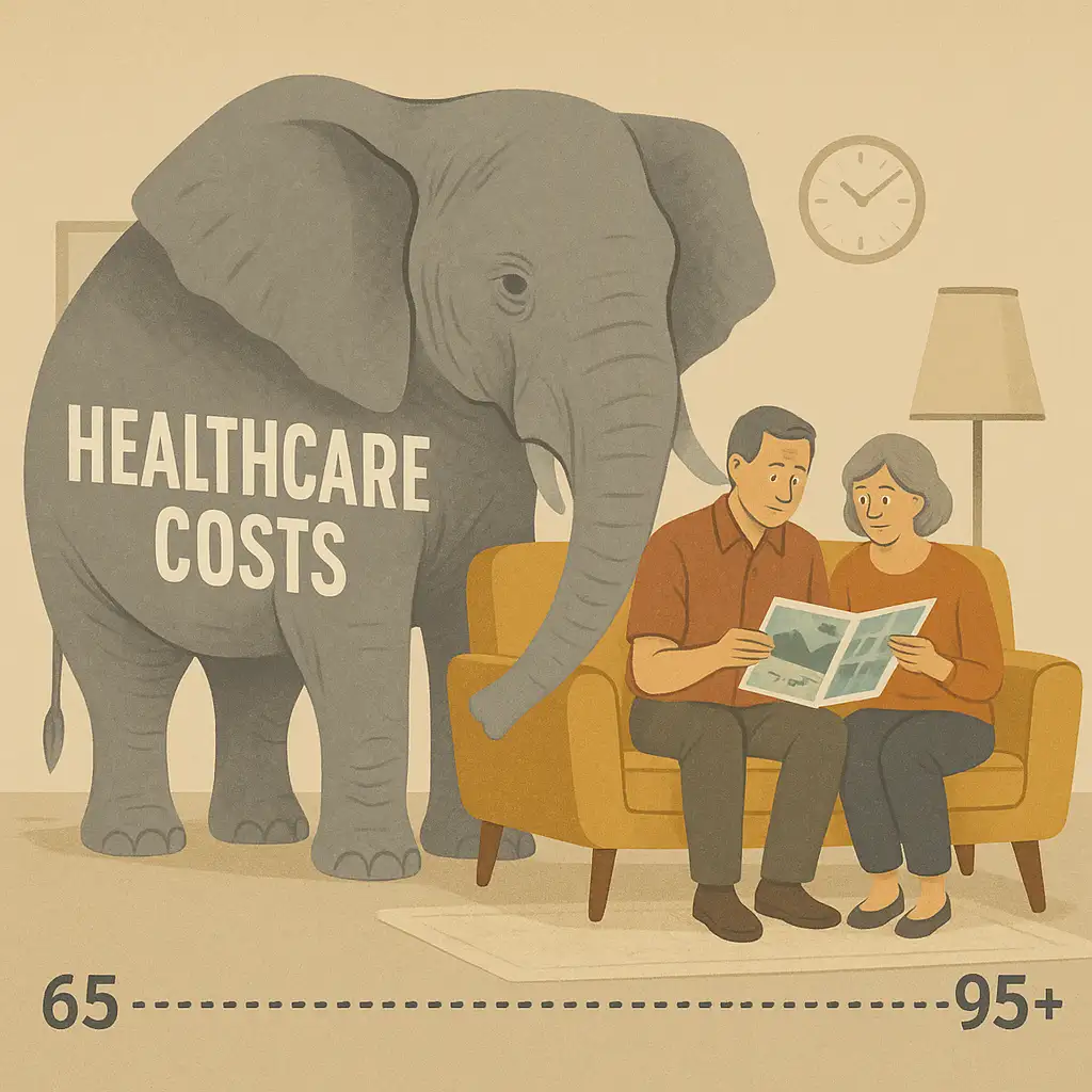 Metaphorical illustration of the "elephant in the room" representing large, often ignored healthcare costs within retirement planning.