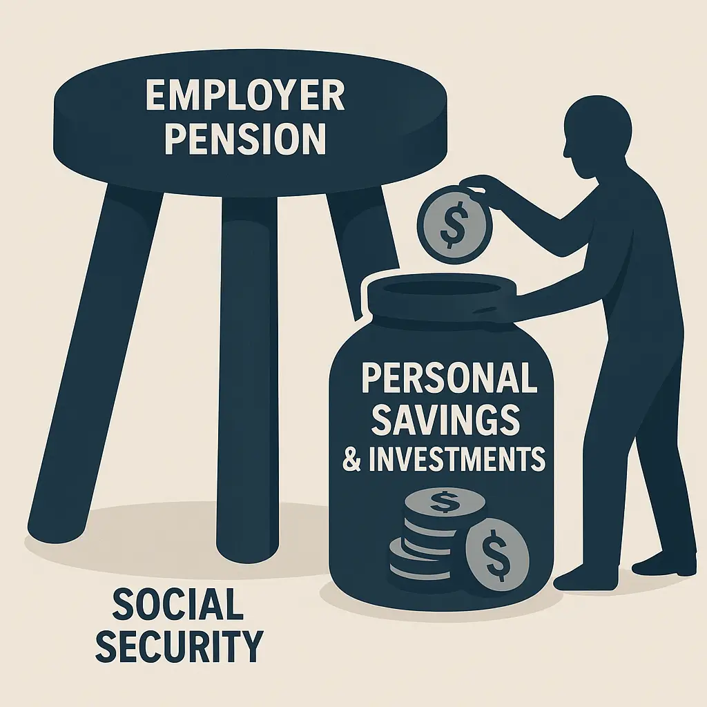 Illustration of retirement income stool showing that even with a solid Pension leg, strong Personal Savings are still crucial alongside Social Security