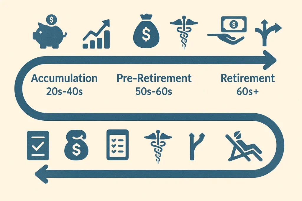 Infographic showing the three main stages of the retirement plan lifecycle: Accumulation (saving/growth), Pre-Retirement (planning/decisions), and Retirement (income/management).