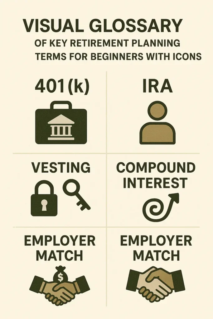 Visual glossary of key retirement planning terms for beginners with icons: 401k, IRA, Vesting, Compound Interest, Employer Match.