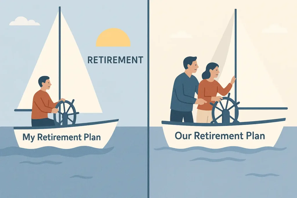 Comparison showing a single person managing their retirement plan versus a married couple coordinating their joint retirement planning efforts.