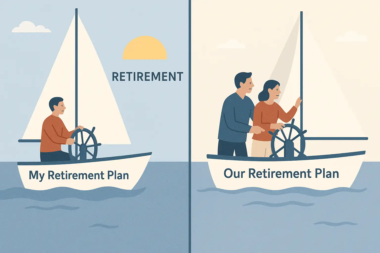 Comparison showing a single person managing their retirement plan versus a married couple coordinating their joint retirement planning efforts.