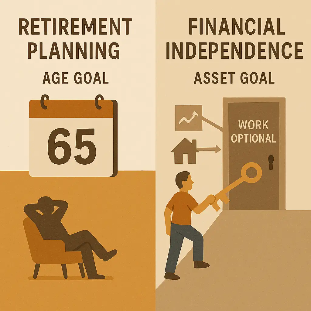 Comparison graphic showing Retirement Planning focused on reaching age 65 versus Financial Independence focused on assets generating income to make work optional.