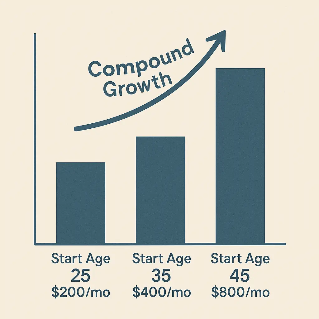 Bar chart comparing retirement savings growth, showing that starting early (age 25) with smaller contributions results in significantly more wealth than starting later with larger contributions due to compounding.