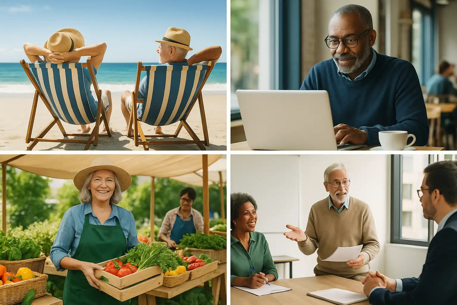 Montage illustrating flexible retirement options beyond stopping work completely, including part-time work, encore careers, and volunteering.