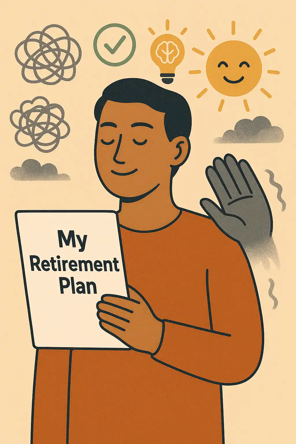 Illustration showing a person feeling calm and in control due to having a basic retirement plan, pushing away financial anxiety and stress.