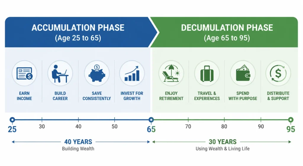 A simple, horizontal infographic timeline. On the left (Blue, Age 25-65) is the Accumulation Phase; on the right (Green, Age 65-95) is the Decumulation Phase. Icons illustrate concepts like work, saving, and retirement spending.
