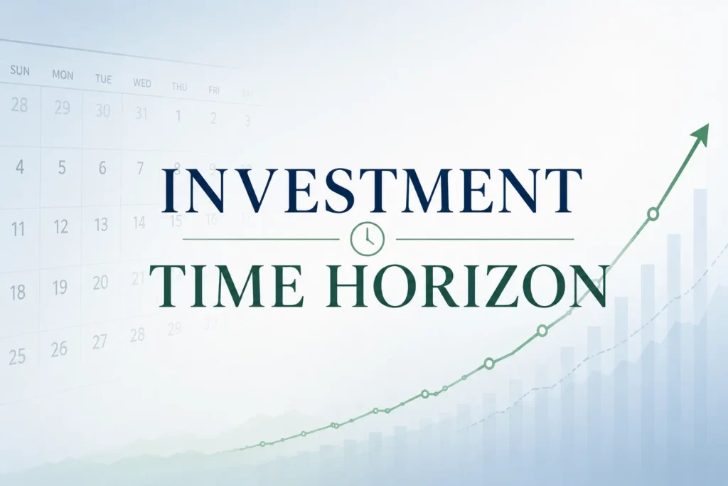 Featured hero image with the text "Investment Time Horizon" against a blended, professional background of a calendar and an upward-rising financial chart.