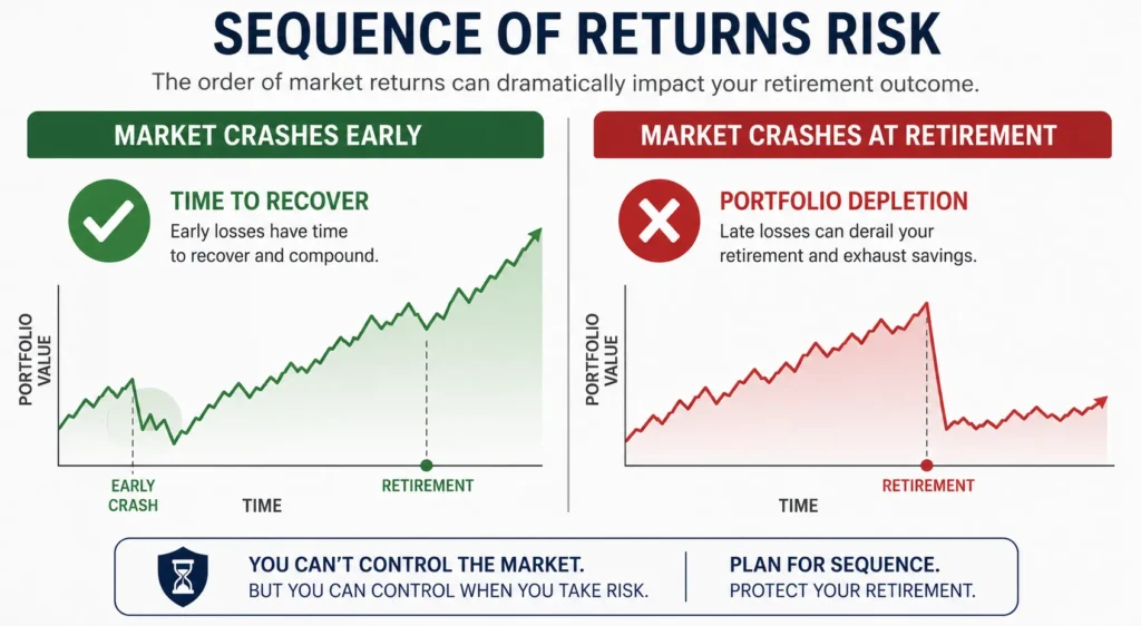 A split-screen comparison infographic illustrating Sequence of Returns Risk. The left side (Market Crashes Early, trusting green accents) shows a financial line recovering with time, labeled "TIME TO RECOVER" and a checkmark. The right side (Market Crashes at Retirement, alert red accents) shows a late market drop leading to portfolio struggle, labeled "PORTFOLIO DEPLETION" and an X.