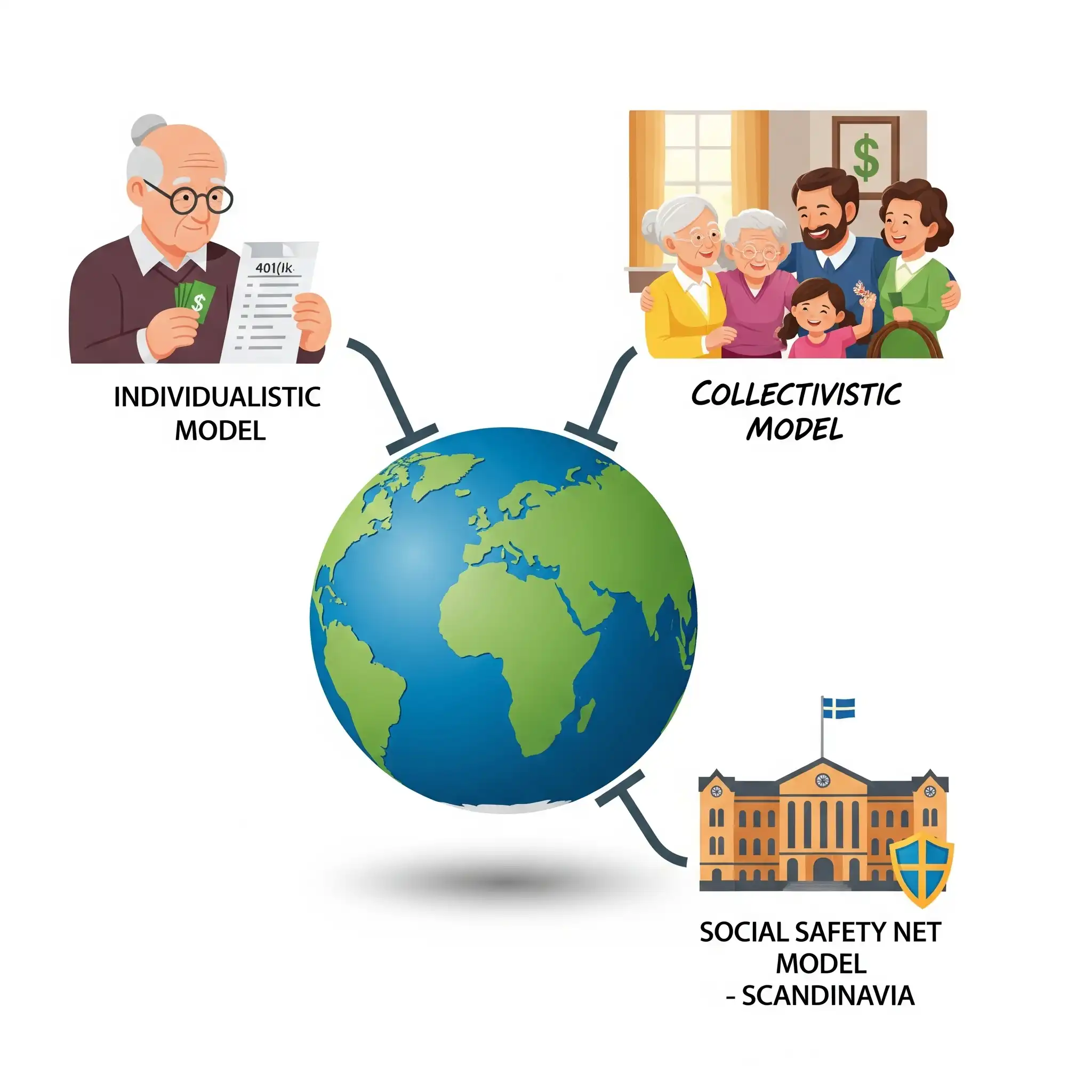 Illustration depicting different cultural concepts of retirement around the globe, contrasting individual savings, family support, and government safety nets.