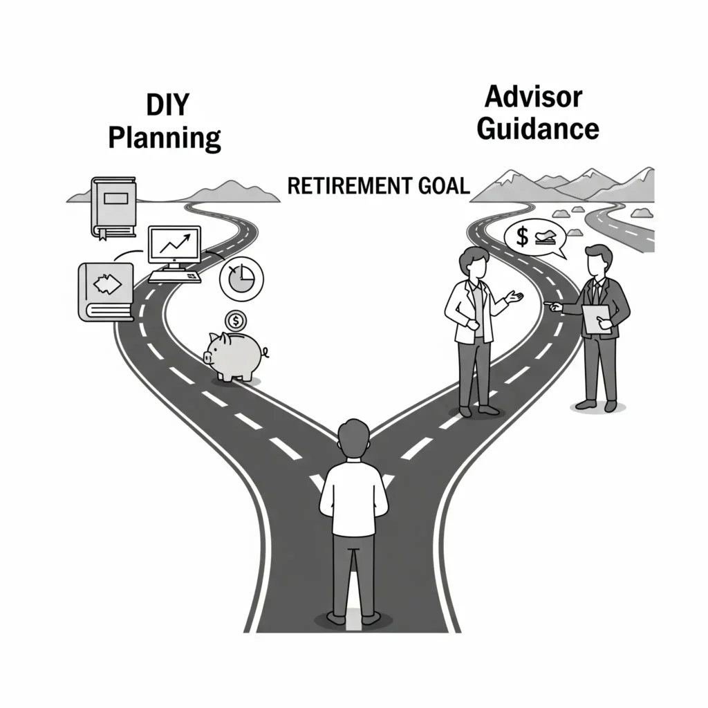 Illustration comparing the DIY retirement planning path with the path of using a financial advisor for guidance towards a secure retirement.
