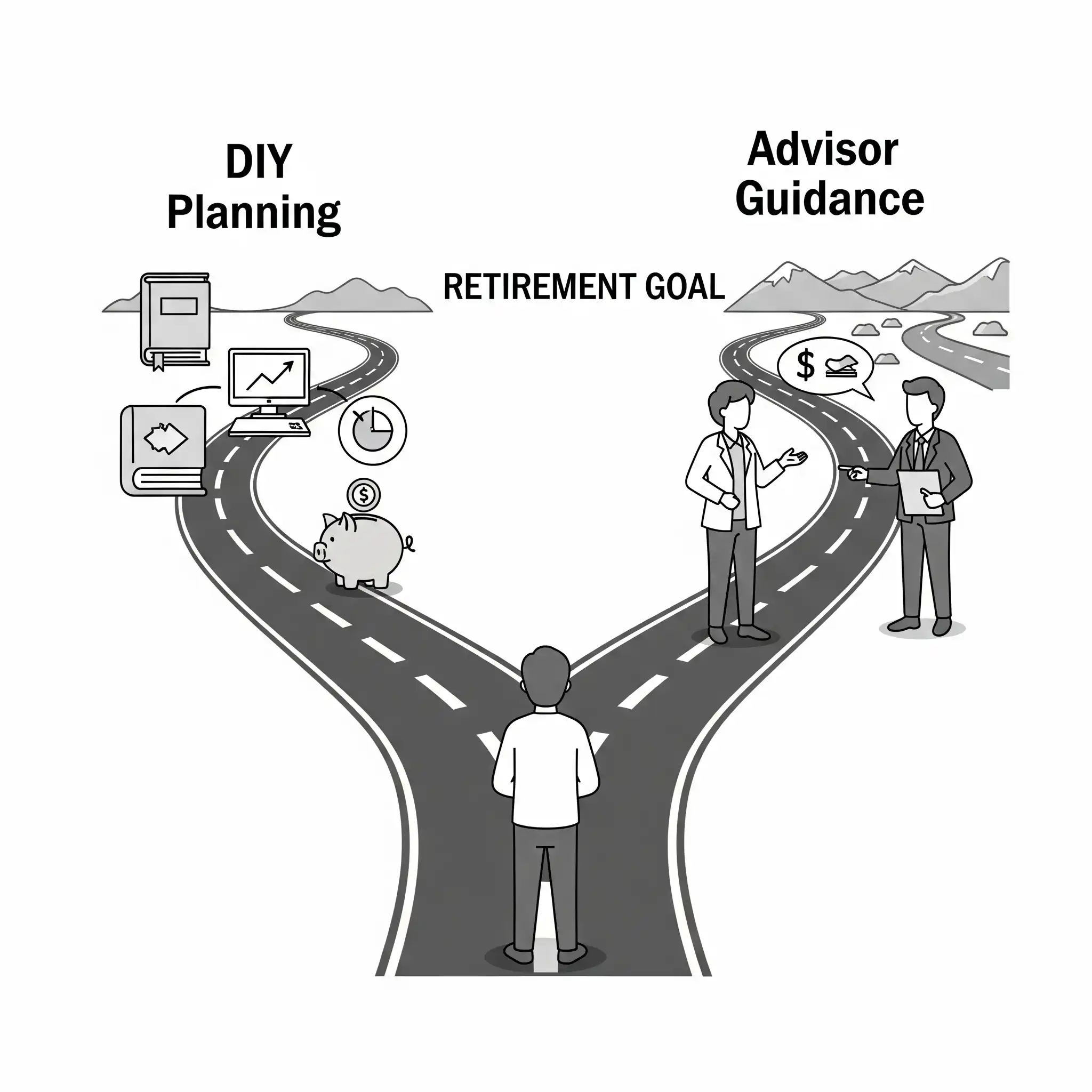 Illustration comparing the DIY retirement planning path with the path of using a financial advisor for guidance towards a secure retirement.