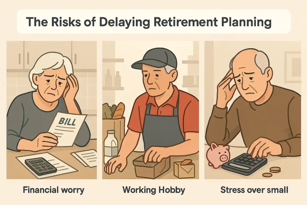Three panels showing negative retirement outcomes due to lack of early planning: financial worry over bills, forced to work low-wage job, stress over insufficient savings.