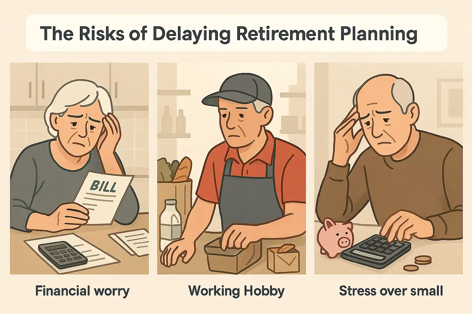 Three panels showing negative retirement outcomes due to lack of early planning: financial worry over bills, forced to work low-wage job, stress over insufficient savings.