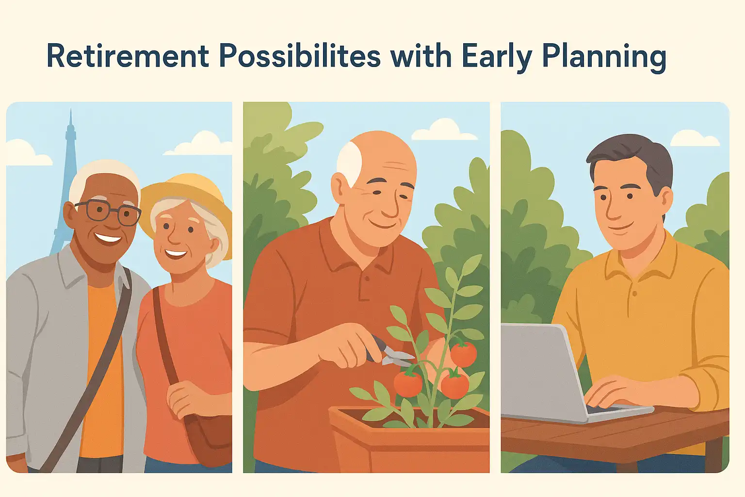 Three panels showing positive retirement outcomes thanks to early planning: happy travel, engaging hobbies, and flexible work/early retirement options.