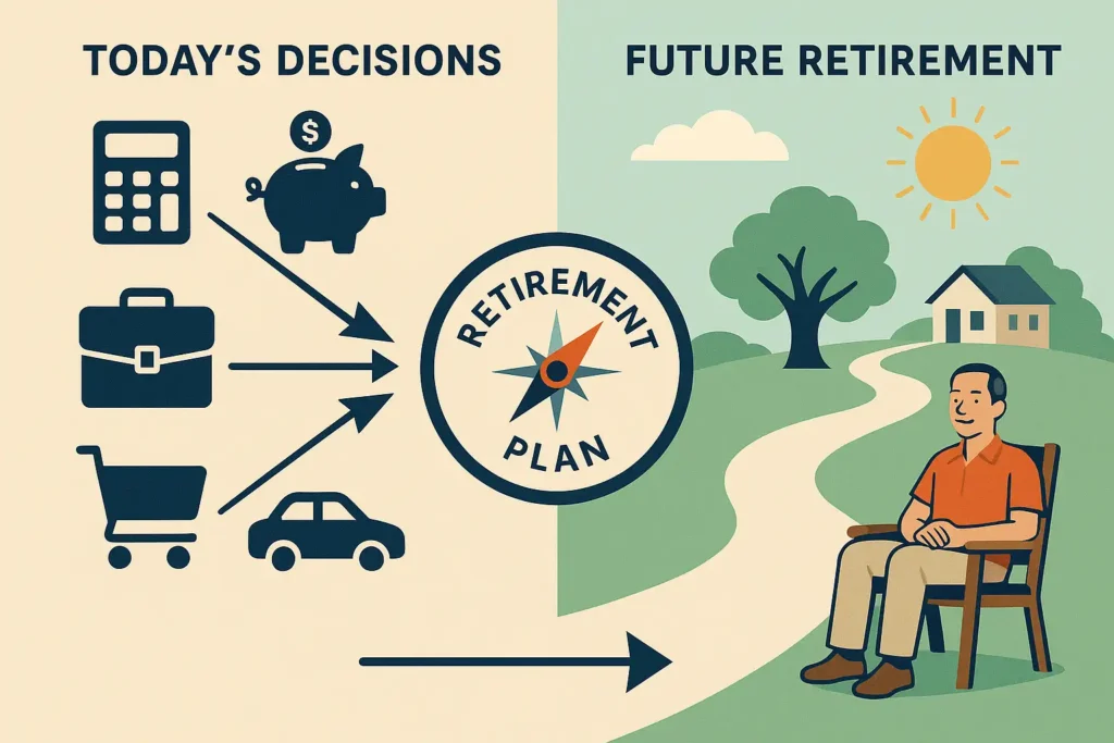 Illustration showing how current financial decisions (budgeting, saving, career) guided by a retirement plan lead towards a secure future retirement.