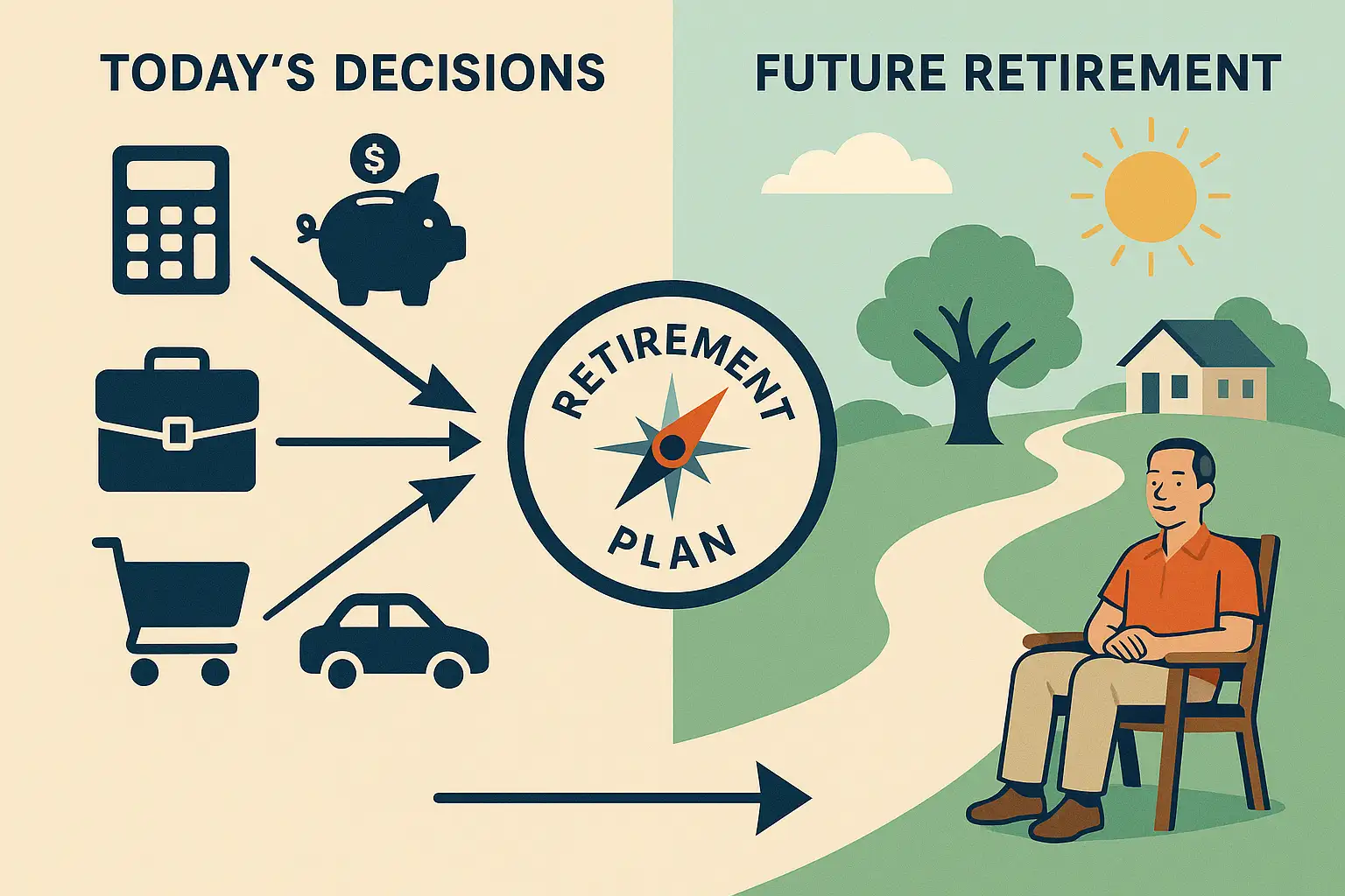 Illustration showing how current financial decisions (budgeting, saving, career) guided by a retirement plan lead towards a secure future retirement.