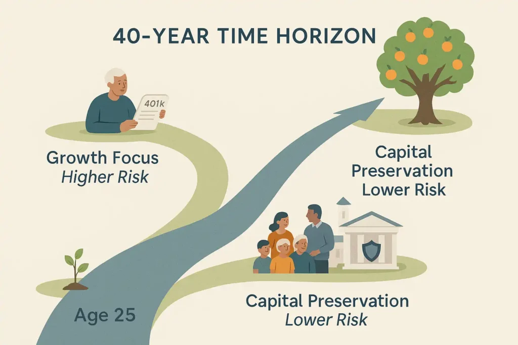 Illustration showing how an investment strategy changes over a time horizon, from a growth focus early on to capital preservation near retirement.