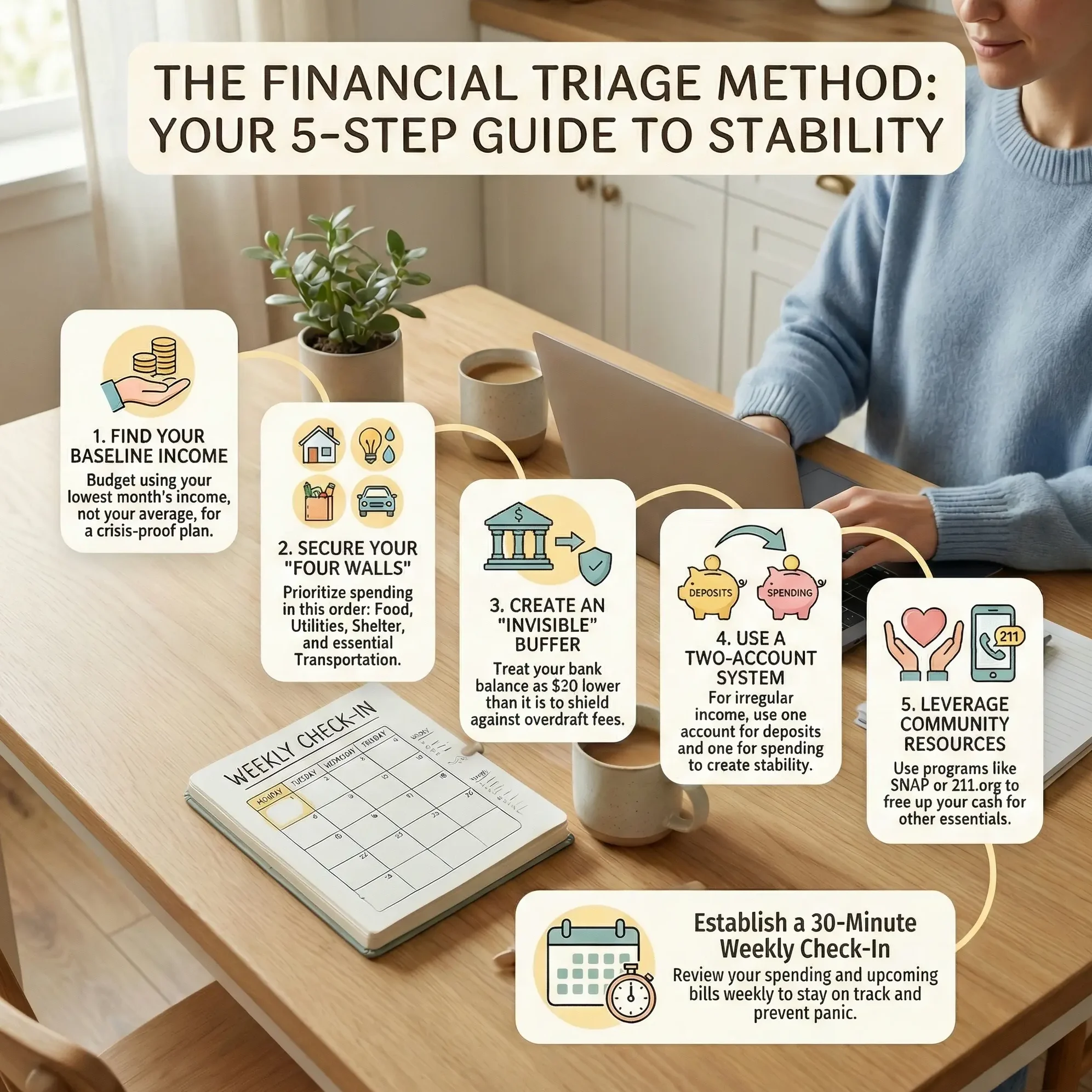 An in-article image showing a person sitting at a kitchen table with a laptop, a notebook, and a cup of coffee. They have a calm and focused expression. A calendar for the week is visible in the notebook. The image should convey a sense of control, peace, and routine. The atmosphere is cozy and organized. Shot from a slightly above angle.
