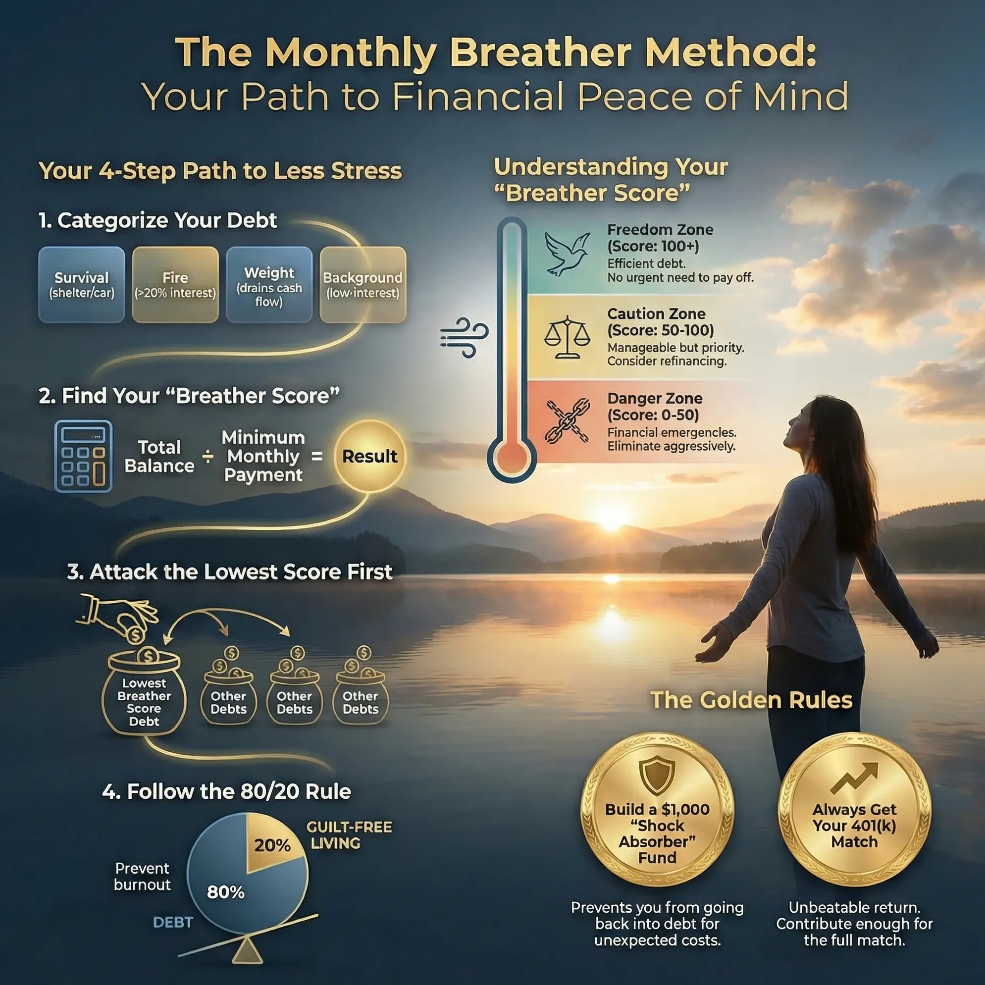 A person taking a deep, serene breath at the edge of a calm lake at sunrise to represent financial peace