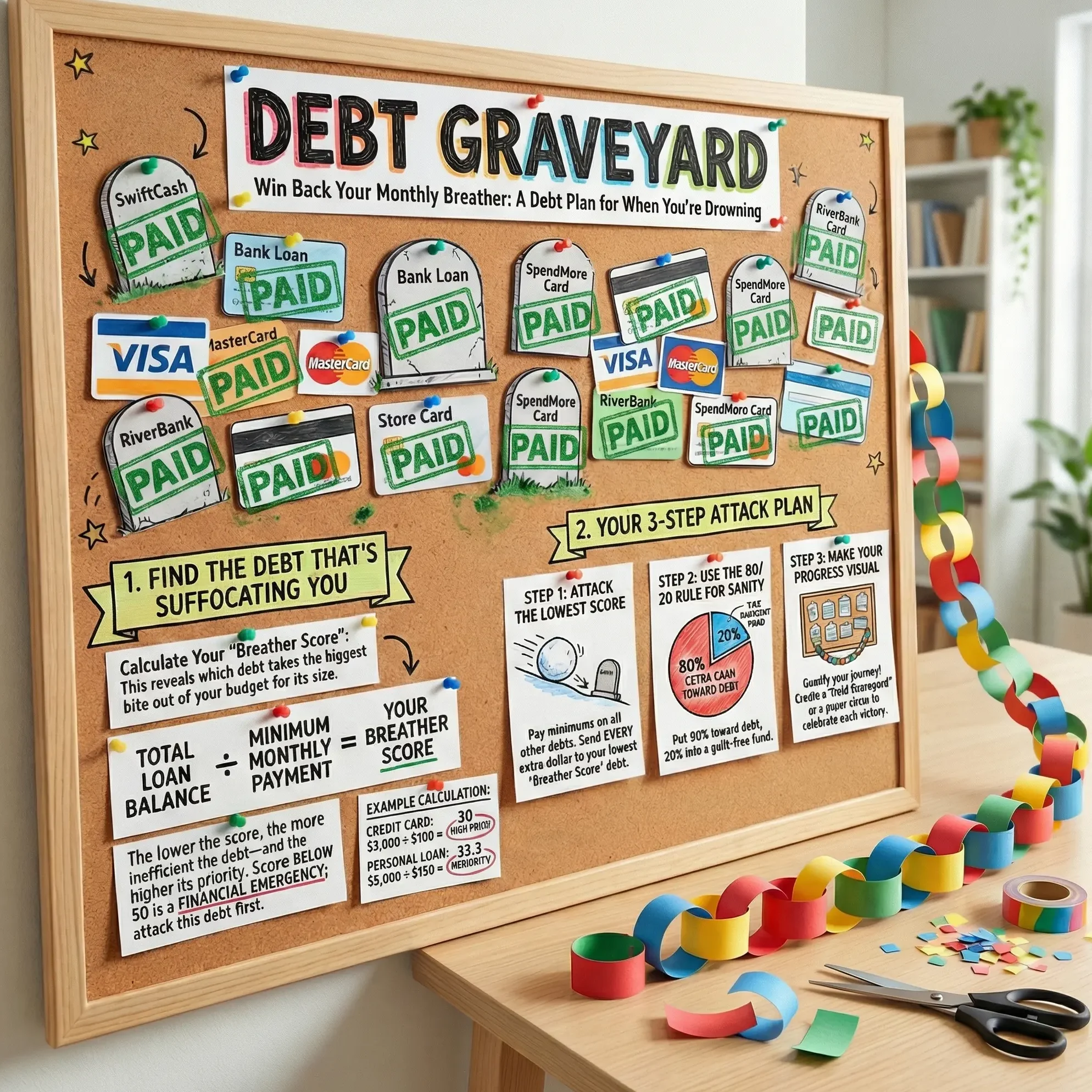 A vibrant corkboard titled 'Debt Graveyard' with paper tombstones of credit card logos stamped 'PAID' and a partially cut paper chain
