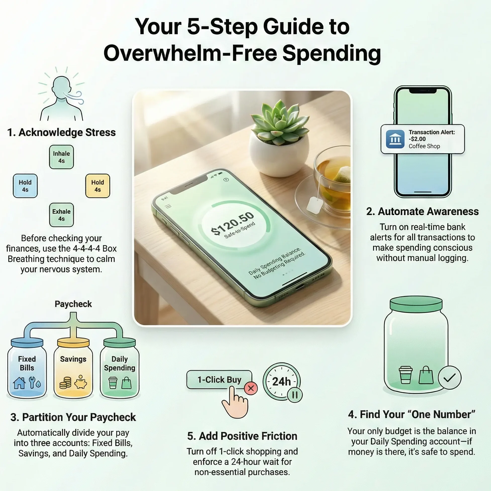 A minimalist desk setup with a smartphone displaying a simple safe-to-spend number and a soft green glow, representing a calm and overwhelm-free approach to personal finance for beginners.