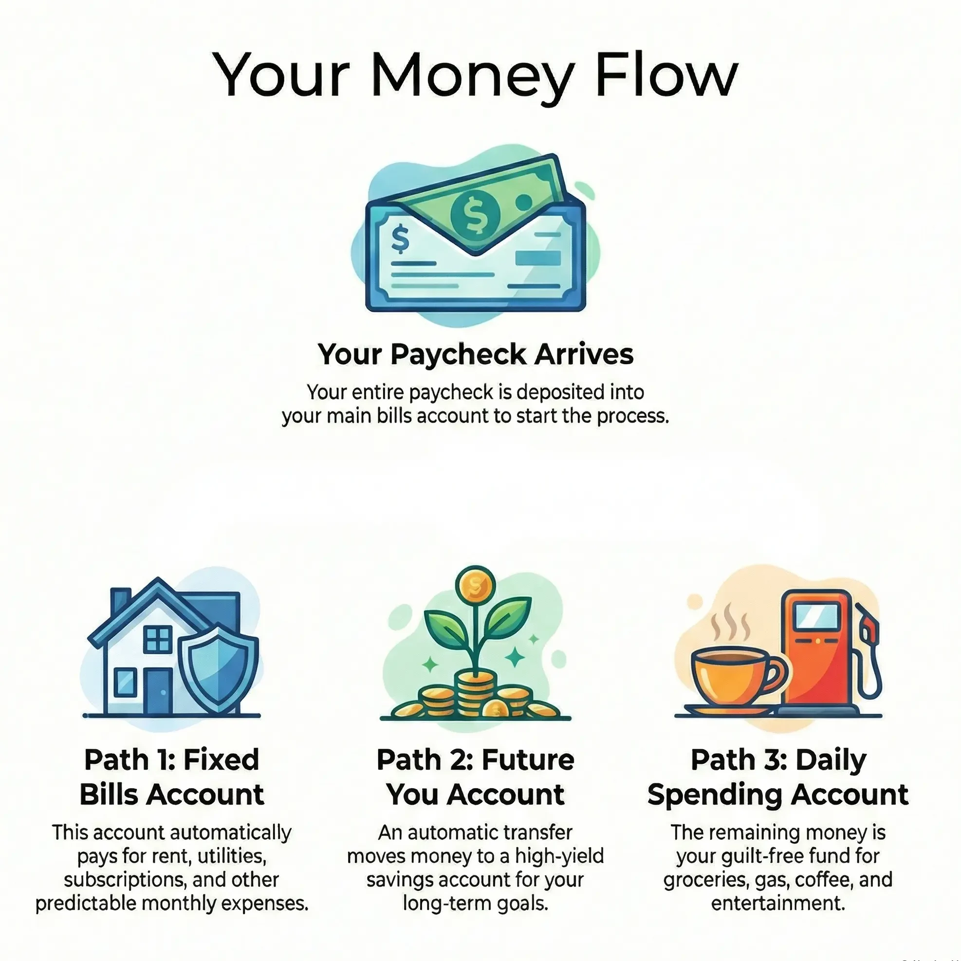 A clean infographic of the 3-account money flow system showing a paycheck automatically splitting into paths for fixed bills, future savings, and guilt-free daily spending.