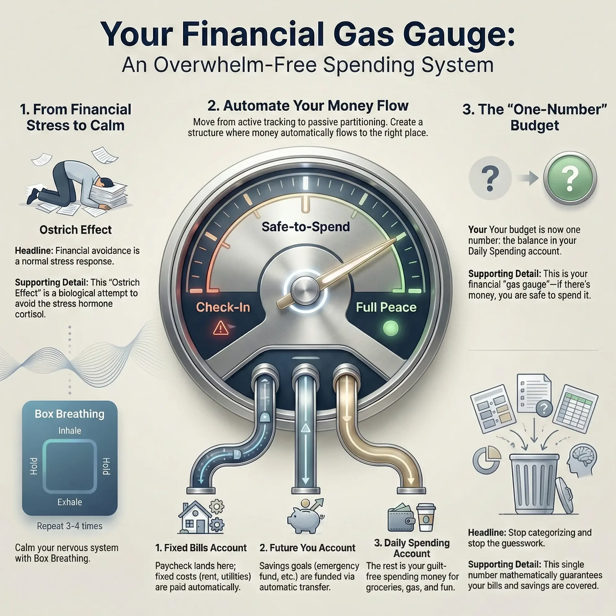 A conceptual 3D car fuel gauge with labels "Check-In" and "Full Peace," illustrating the gas gauge analogy where a bank balance is viewed as helpful information rather than a judgment of character.