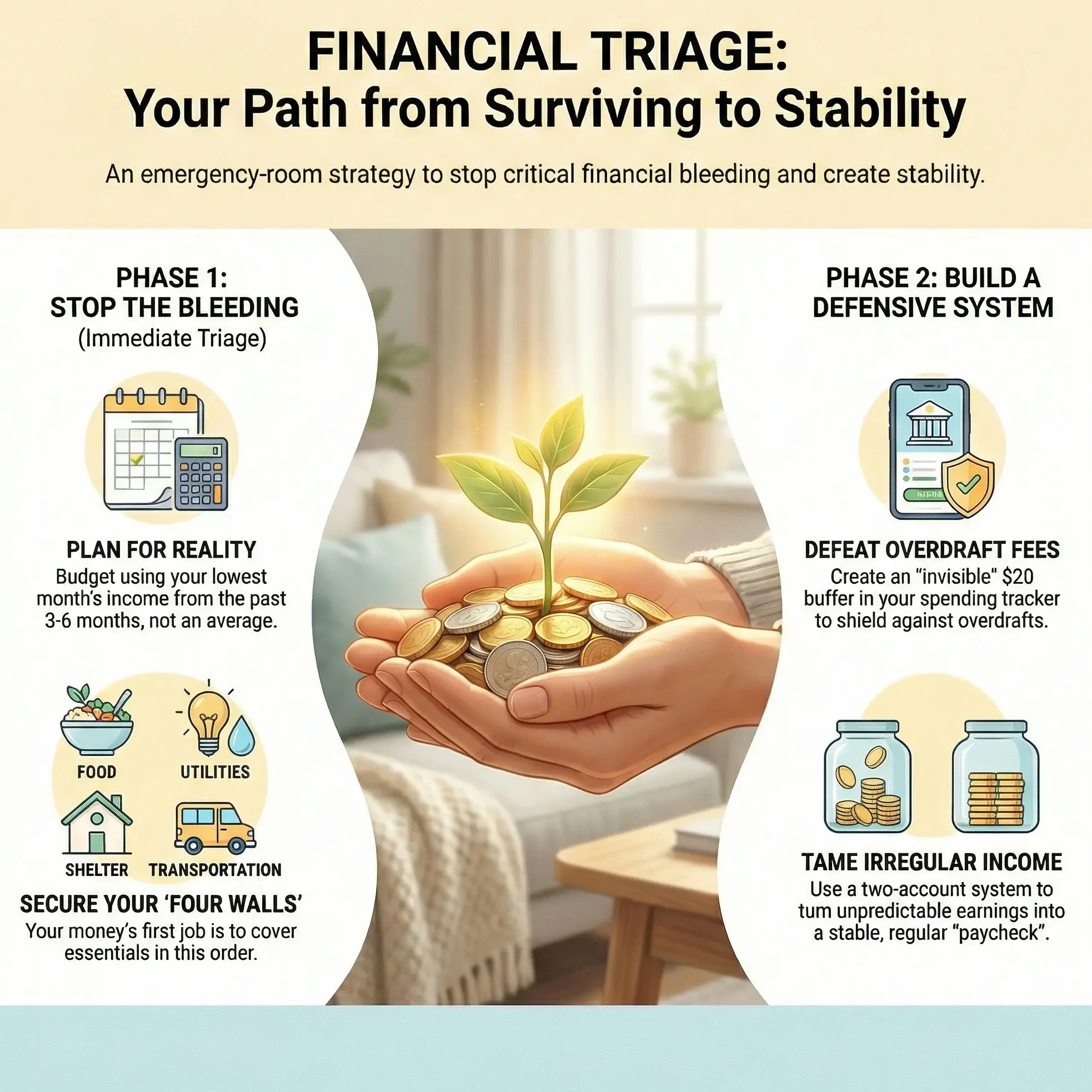 A hopeful and empowering hero image for a finance blog. A person's hands are carefully holding a small, glowing seedling sprouting from a handful of coins. The background is softly blurred, suggesting a home environment. The lighting is warm and optimistic, conveying a sense of new growth, control, and possibility. Minimalist style.