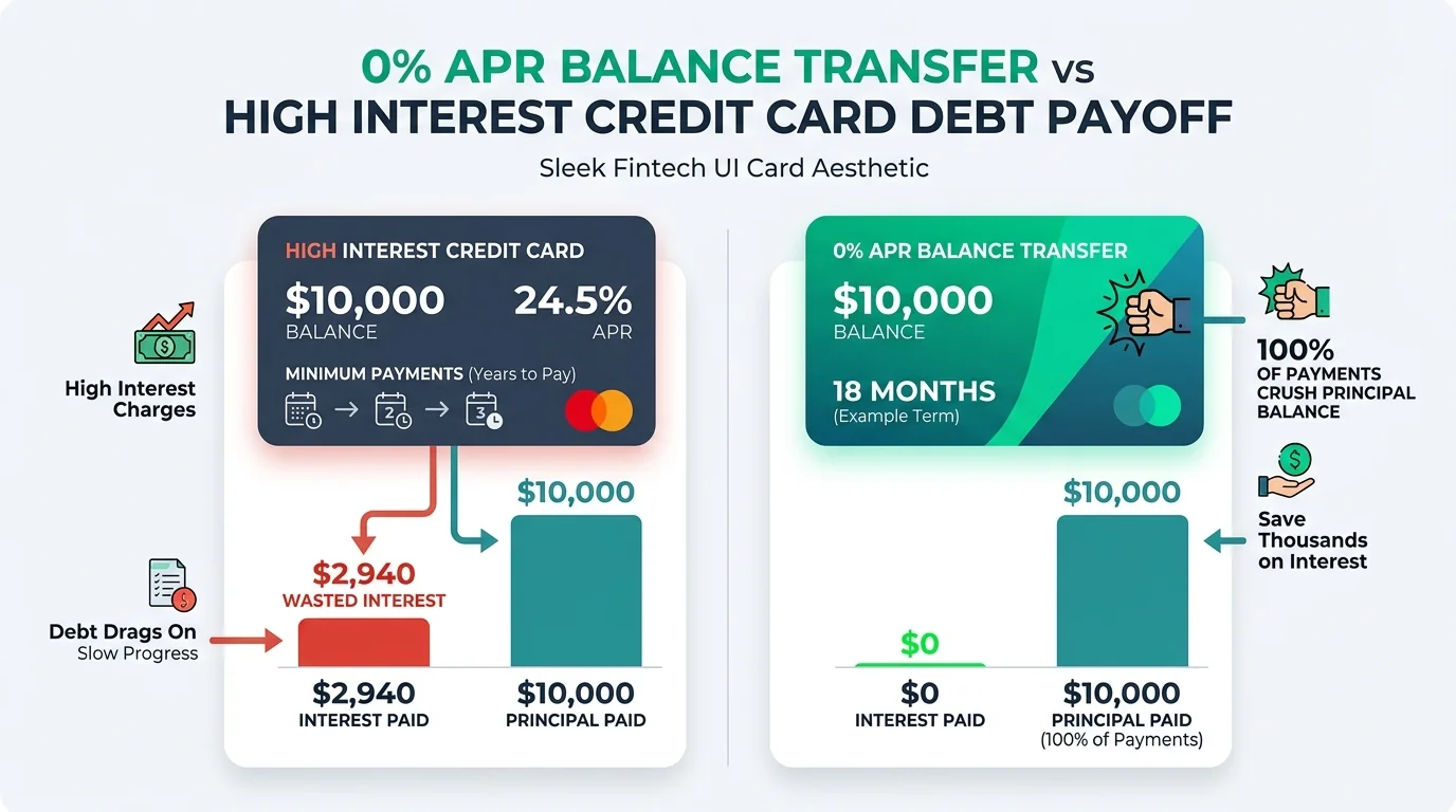Financial comparison chart showing $10,000 credit card payoff comparing 24.5% APR interest loss against 0% APR balance transfer savings