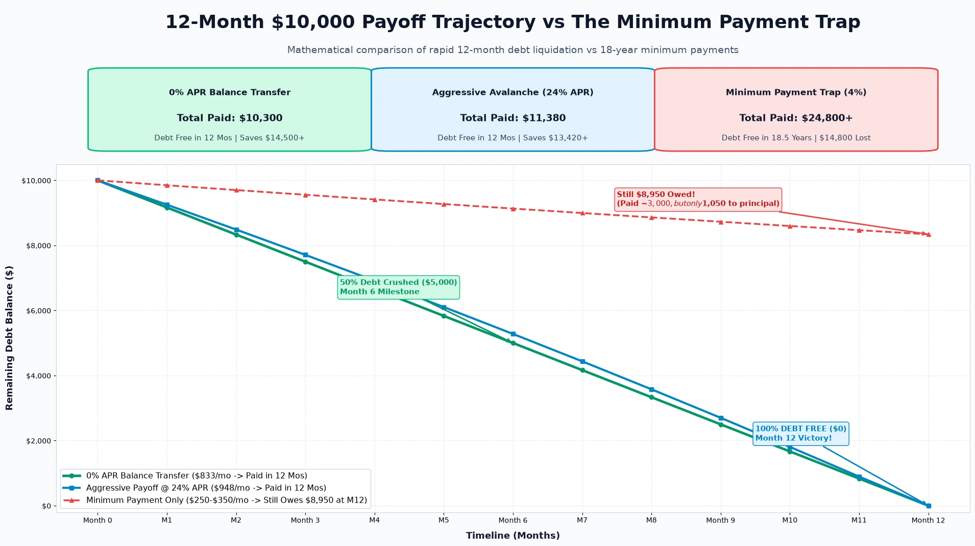 12-month debt payoff trajectory simulation chart showing balance drawdown from $10,000 to zero vs the 18-year minimum payment trap