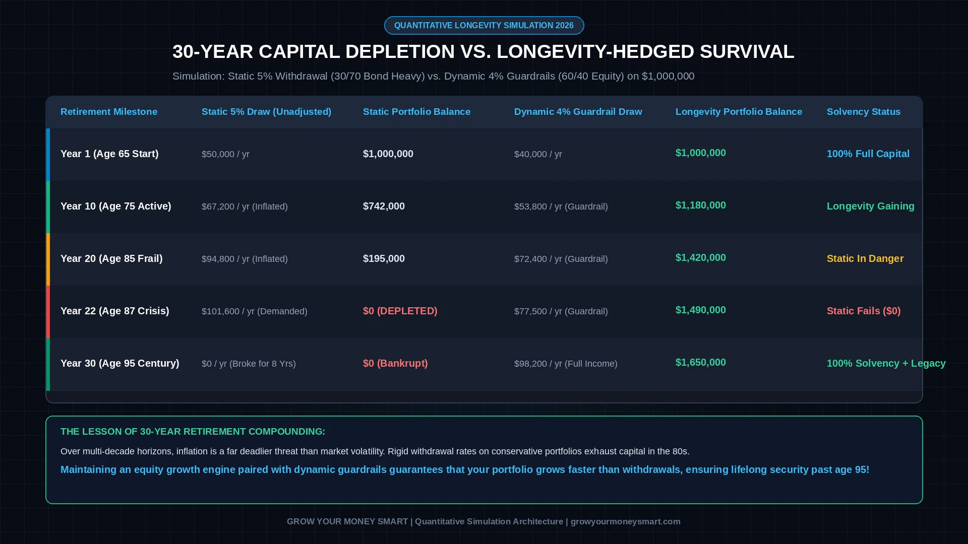 30-year simulation chart comparing a static 5 percent withdrawal running out of money by year 22 vs dynamic 4 percent guardrails surviving past 35 years