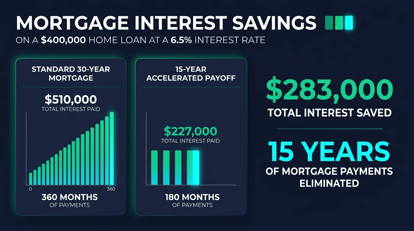 Financial bar chart comparing $510,000 total interest on a 30-year mortgage against $227,000 on an accelerated 15-year payoff plan