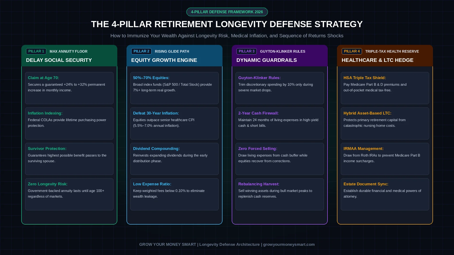 4-pillar framework showing how to protect retirement against longevity risk through Social Security delay, equity growth engines, dynamic guardrails, and LTC buffers