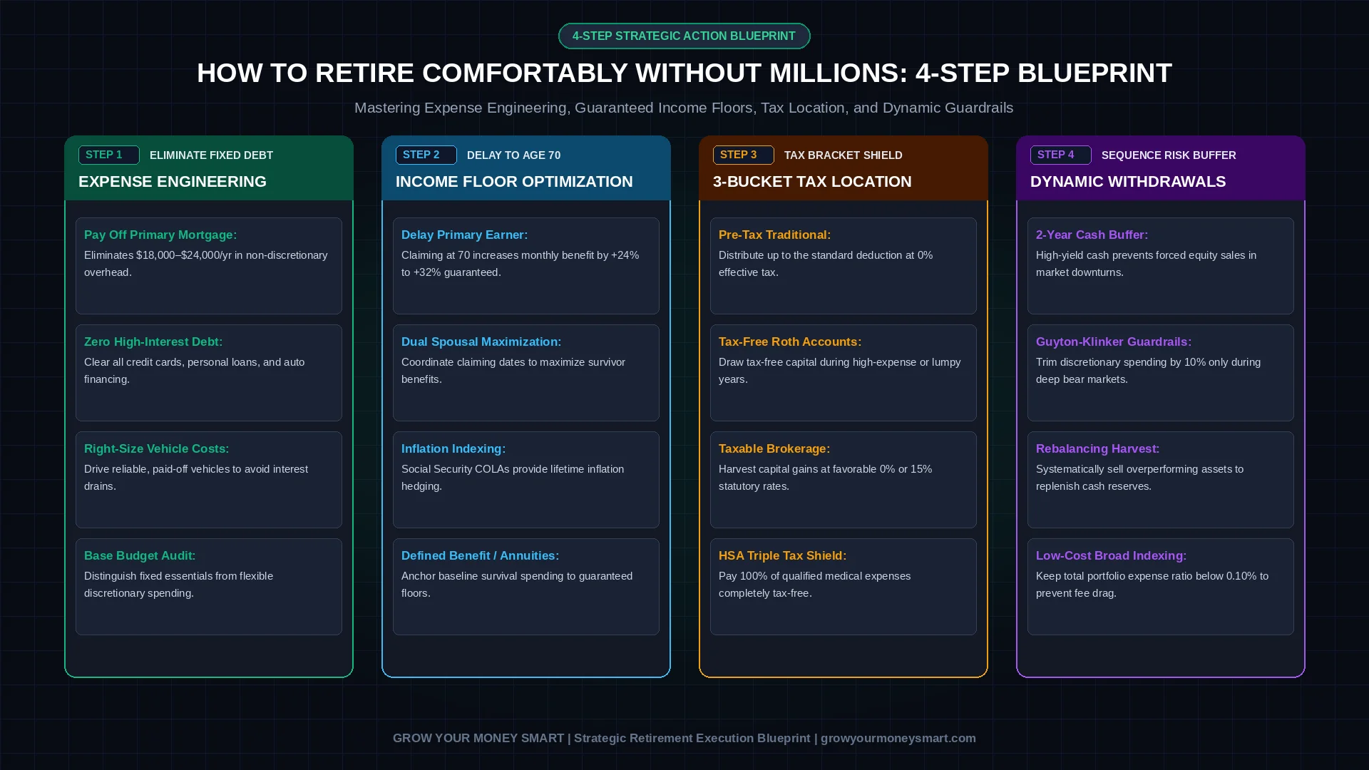 4-step framework showing how to retire comfortably without millions through expense engineering, Social Security optimization, 3-bucket tax location, and dynamic guardrails