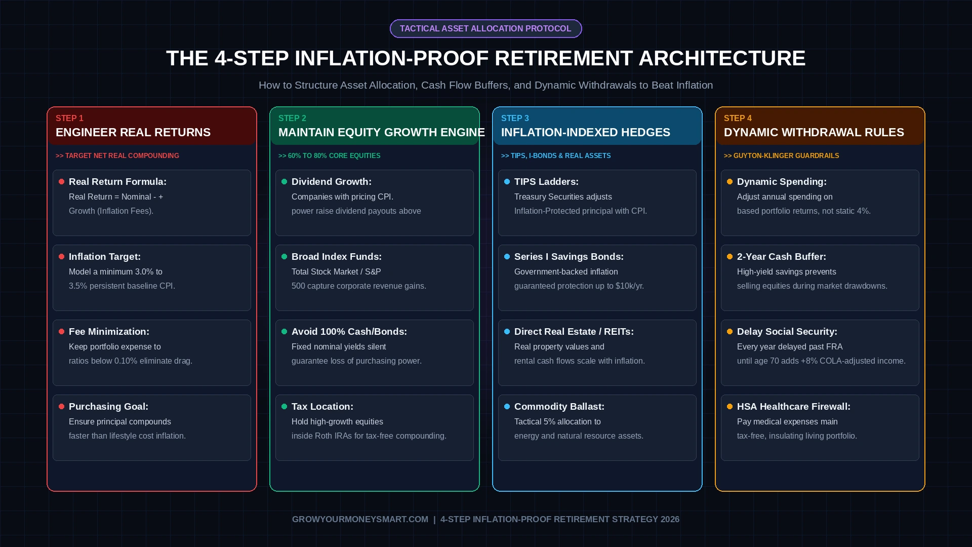 Step-by-step roadmap showing how to build an inflation-proof retirement plan through real return targets, dividend growth stocks, TIPS ladders, and dynamic spending guardrails.