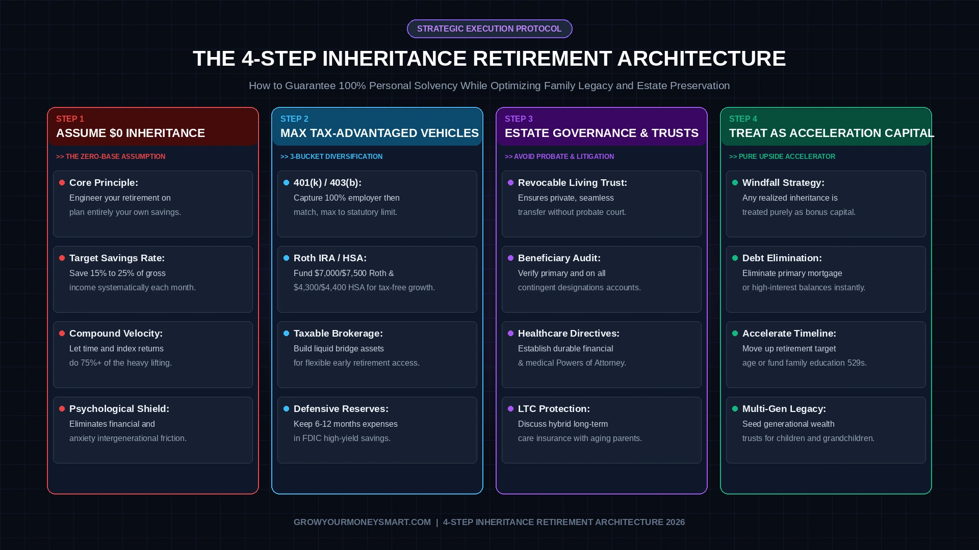 Step-by-step roadmap showing how to build an independent retirement plan with zero inheritance assumption, max out tax-advantaged buckets, and establish estate governance.