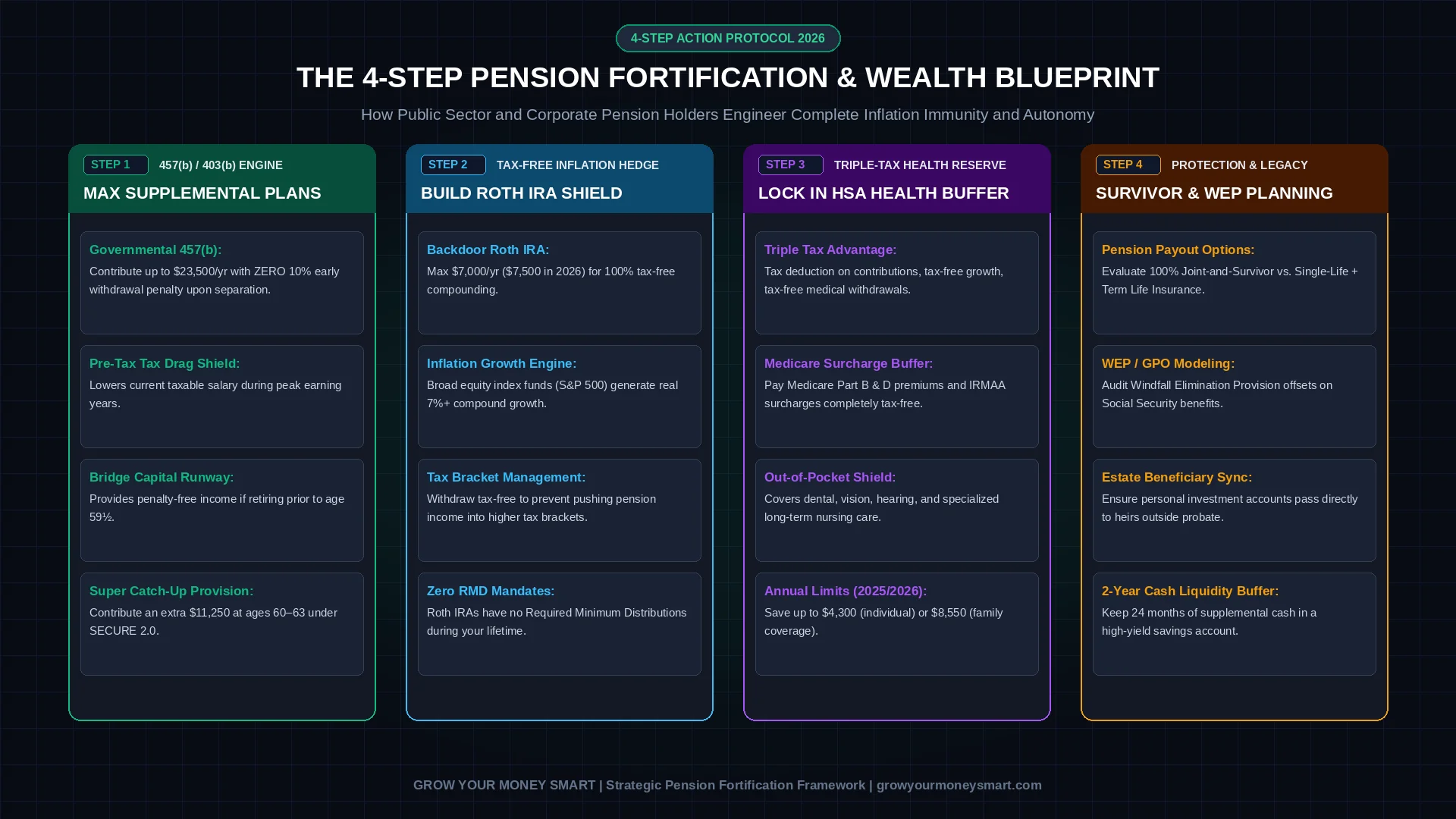4-step roadmap showing how to protect and supplement a pension through personal Roth IRAs, 457b accounts, HSA buffers, and survivor planning
