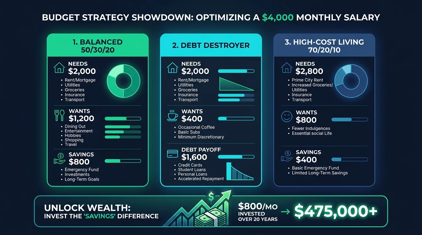Comparison chart of 3 budgeting scenarios for $4,000 monthly income including balanced, debt payoff, and high cost of living models