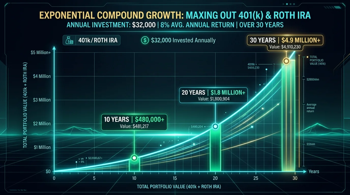 How to Max Out 401(k) and Roth IRA in 2026 compounding wealth growth chart showing 10, 20, and 30 year portfolio values
