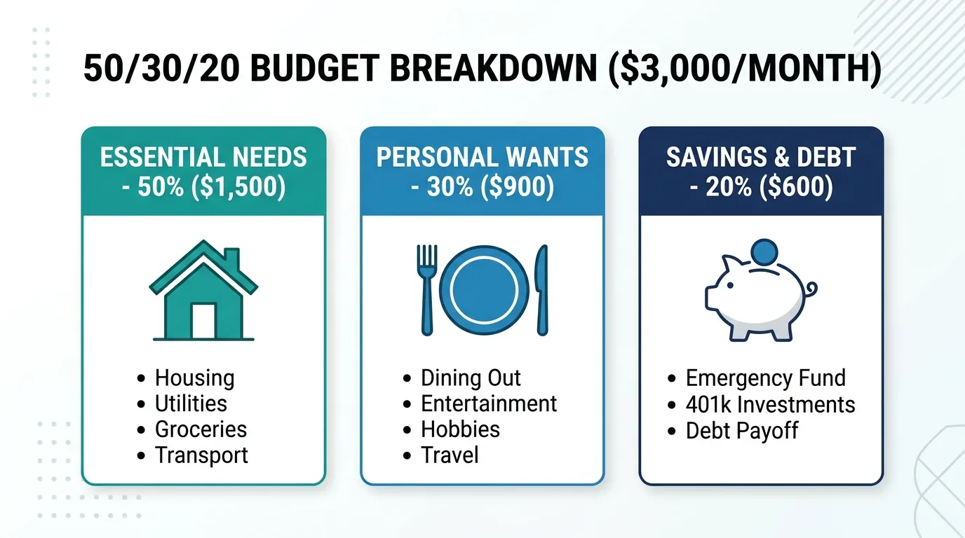 50 30 20 Budget Category Breakdown Needs Wants Savings Infographic