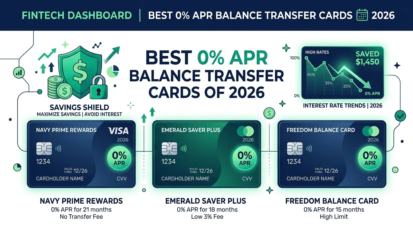 Fintech dashboard illustration showing the best 0% APR balance transfer credit cards of 2026 with 0% interest rate shield and savings roadmap