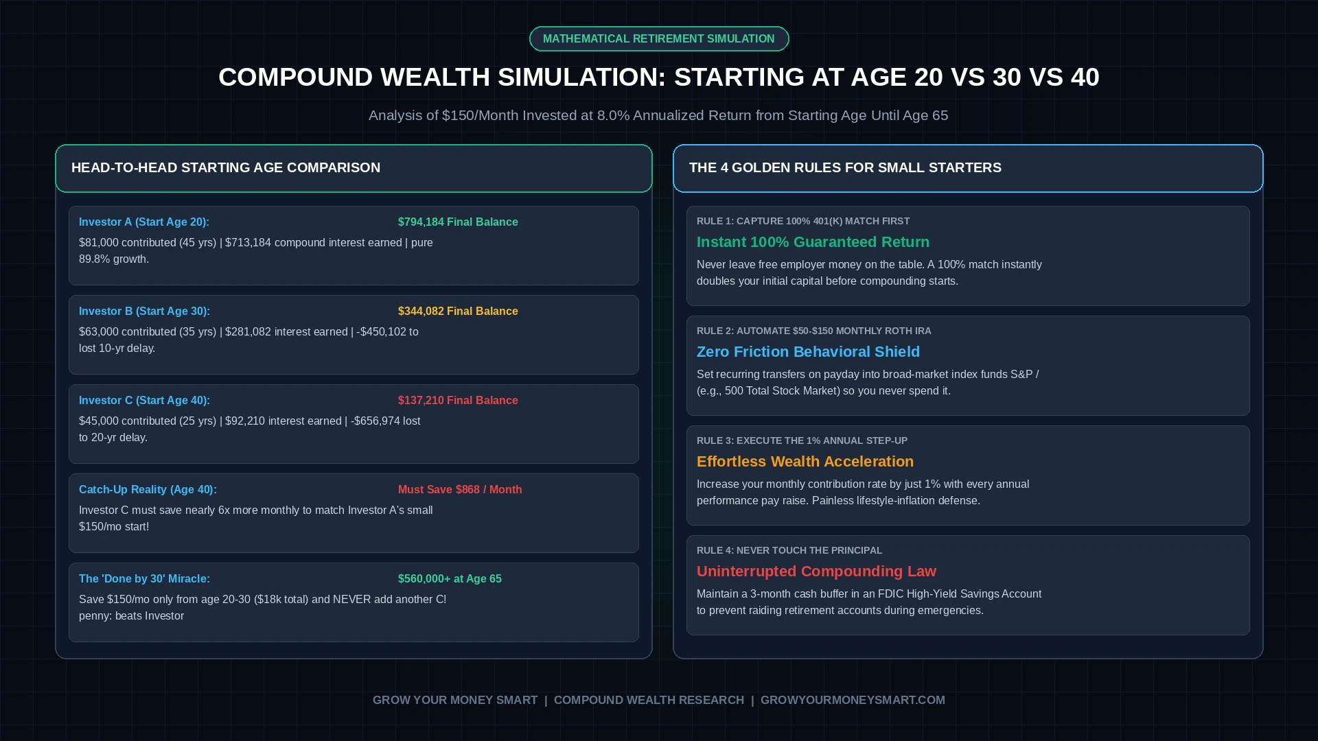 Mathematical compound interest simulation chart comparing retirement portfolio growth when starting at age 20 vs 30 vs 40 with 150 dollars monthly