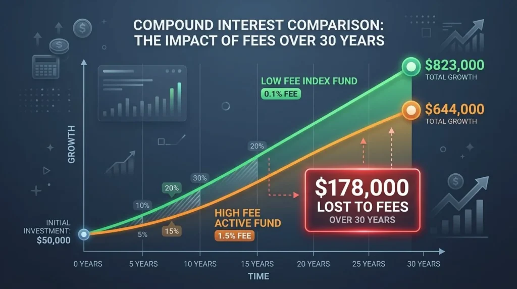 Compound interest fee comparison chart showing over $178,000 lost to 1.5% active mutual fund fees over 30 years