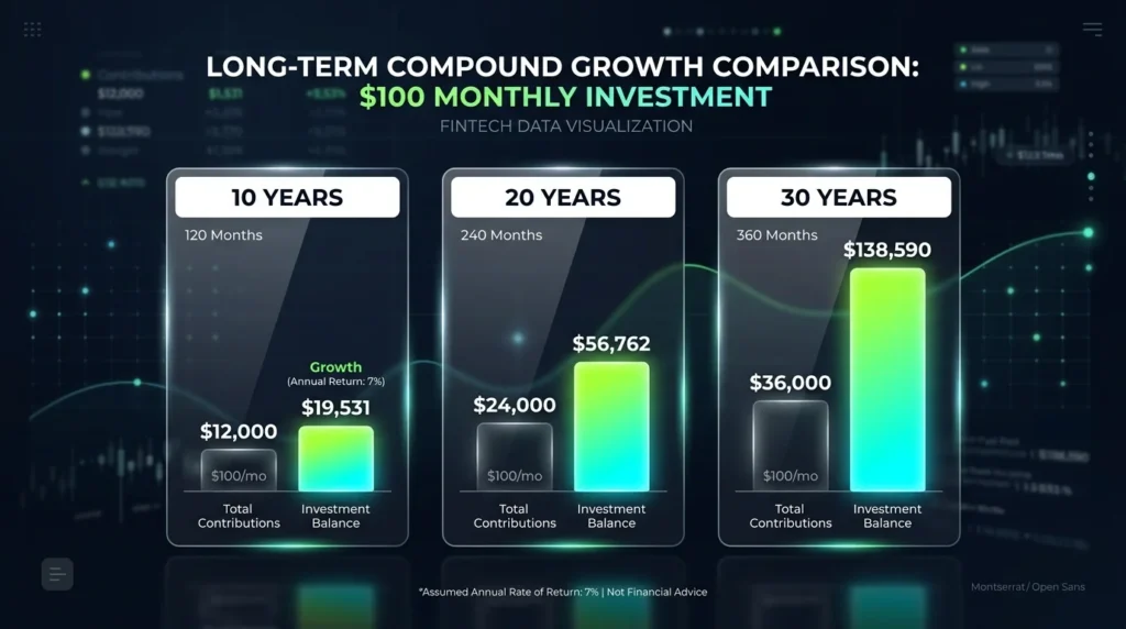 Bar chart comparison of 10, 20, and 30-year compound interest investing 100 dollars a month