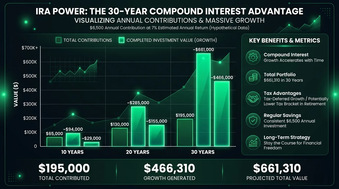 Compound interest growth chart comparing 10, 20, and 30 year wealth accumulation in Traditional and Roth IRA retirement accounts
