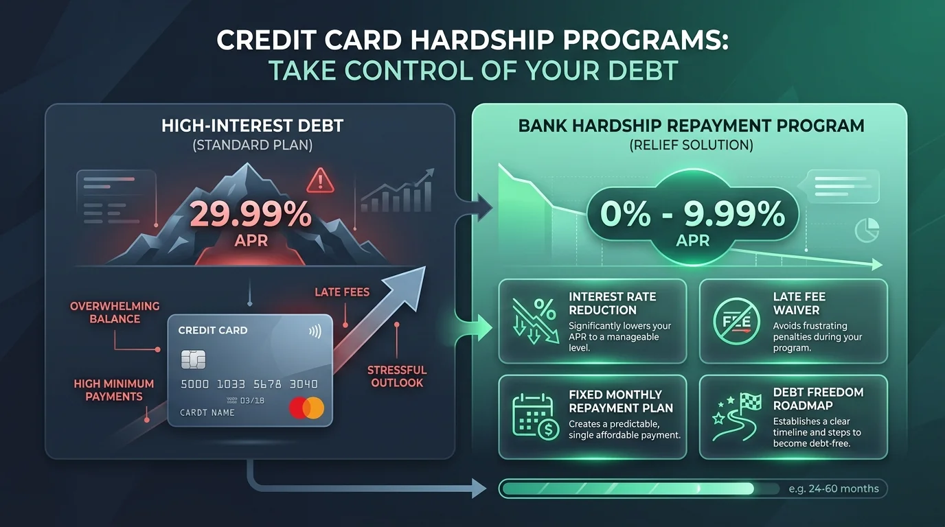 Fintech infographic explaining credit card hardship programs, APR reductions to 0 percent, fee waivers, and structured debt relief plans